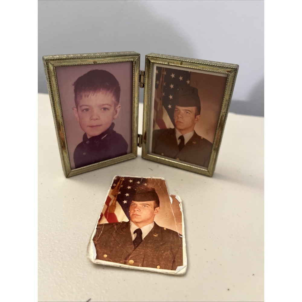 Vintage Army Photo Gold Tone Frame 2 Hinged Tiny Frame Military Picture